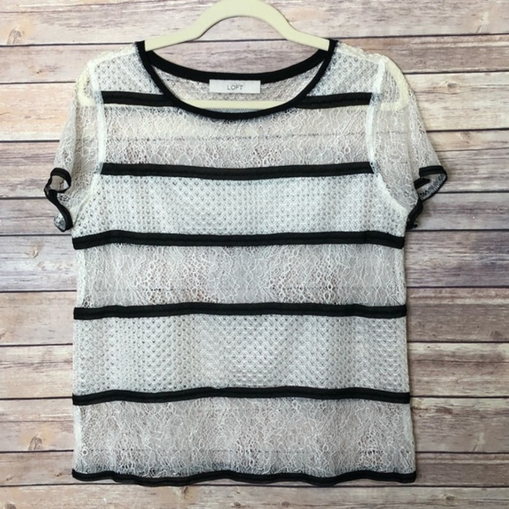 Ann Taylor LOFT Sheer Mixed Pattern Lace Short Sleeve Blouse EUC sz M